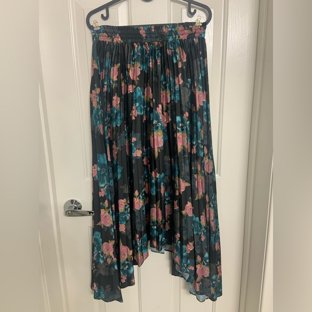 Misa Los Angeles Asymmetrical Floral Skirt Black Teal Pink Tea Length Pleated M